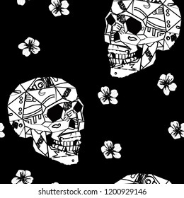 Seamless pattern with skulls,and flowers black and white colors 