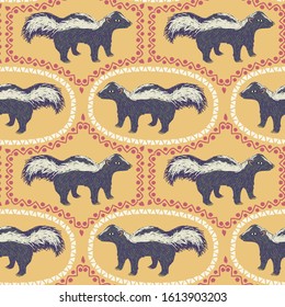 Seamless pattern of skunk with ethnic ornament elements. Repeatable textile vector print, wallpaper design.