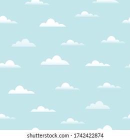 Nahtloses Muster Sky Hintergrund mit weißen Wolken Handgemalt Design im Kinderstil Verwendung für Stoff, Mode, Textilien, Vektorgrafik