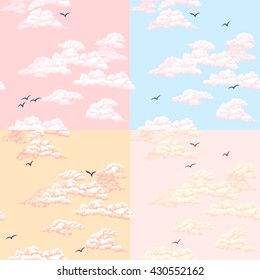 Seamless pattern. Sky, clouds, birds. 