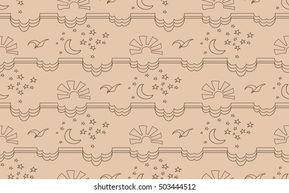 Seamless pattern of the sky with clouds sun moon and stars. Child or Baby style

