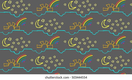 Seamless pattern of the sky with clouds sun moon and stars. Child or Baby style
