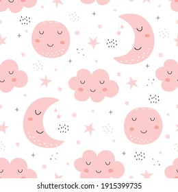 Seamless pattern, sky with crescent moon and pink clouds on white background Hand drawn design in cartoon style, use for print, decoration wallpaper, gift wrap, textiles. Vector illustration