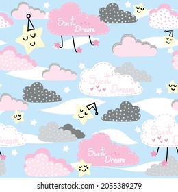 Seamless pattern sky at night sweet pastel color with cloud, star and sweet dream text, vector illustration for design, fashion prints, decor, paper and other etc