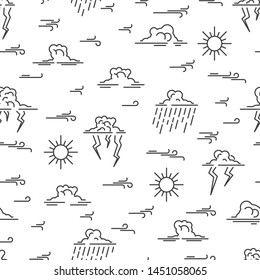 Seamless pattern sky objects. Cloud and Sun, wind and rain. Day Skyscape seamless background in linear style. Vector illustration.