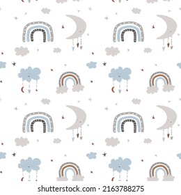 Seamless pattern with sky objects. Moon, clouds and rainbow ornament design for postcards and kids fabric