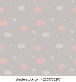 Seamless pattern with sky objects. Moon, clouds and rainbow ornament design for postcards and kids fabric