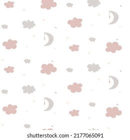Patrón sin inconvenientes con los objetos del cielo. Diseño de ornamentos para lunas, nubes y arco iris para postales y tela infantil