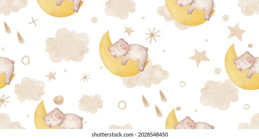 seamless pattern with sky and sleeping bear, clouds, dots, stars made of gold, cute childish illustration