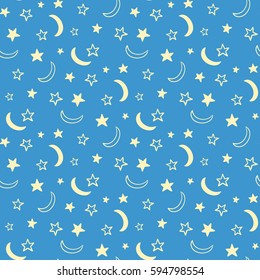 Seamless pattern with sky, stars, moon. Doodle background for baby shower, greeting card.