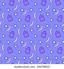 Seamless pattern with sky, stars, moon, house. Doodle background for baby shower, greeting card.