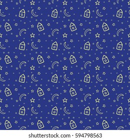 Seamless pattern with sky, stars, moon, house. Doodle background for baby shower, greeting card.