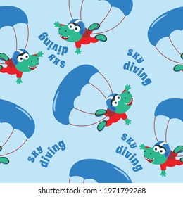 Seamless pattern with skydiving with litlle dinosaur, Childish design concept for kids textile print, nursery wallpaper, wrapping paper. Cute funny background. 