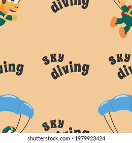 Seamless pattern with skydiving with litlle dinosaur, Childish design concept for kids textile print, nursery wallpaper, wrapping paper. Cute funny background. 