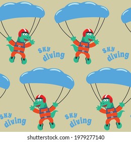 Seamless pattern with skydiving with little dinosaur, Childish design concept for kids textile print, nursery wallpaper, wrapping paper. Cute funny background. 