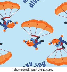 Seamless pattern with skydiving with little dinosaur, Childish design concept for kids textile print, nursery wallpaper, wrapping paper. Cute funny background. 