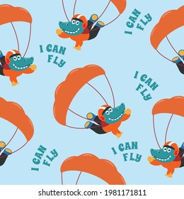 Seamless pattern with skydiving with little dinosaur, Childish design concept for kids textile print, nursery wallpaper, wrapping paper. Cute funny background. 