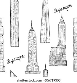 Seamless pattern with Skyscrapers. Hand drawn cityscape sketches vector illustration