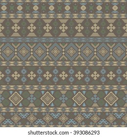 Seamless pattern with Slavic style elements in brown, yellow, blue, green colors. Horizontal chains of various geometric shapes forming elegant ethnic ornament. Vector illustration for creative design