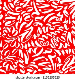 Seamless Pattern with Slavonic Calligraphy Brush Strokes. Red and White Colors for Fabric Textile Surface Design