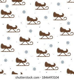 Seamless pattern of sledges and snowflakes in flat style on a white background.