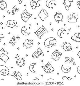 Seamless Pattern With Sleep. Black And White Thin Line Icons