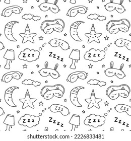 Seamless pattern of sleep doodle. Good night symbols in sketch style. Hand drawn vector illustration isolated on white background