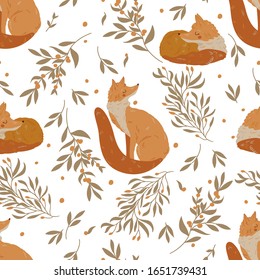 Seamless pattern with sleep and dream fox in various poses. Childish print. Forest animals. Template for fabric, textile, packaging paper, wallpaper. Vector stock illustration.