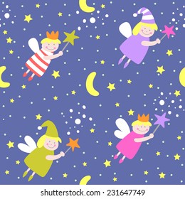 Seamless pattern with sleep fairies. EPS 10. No transparency. No gradients.