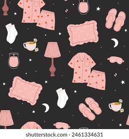 Seamless pattern with sleep items on a dark background. Vector graphics.