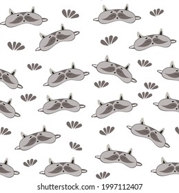 Seamless pattern sleep mask with cute raccoon face. Eye protection wear accessory. Relaxation blindfold. Cartoon vector illustration isolated on white background