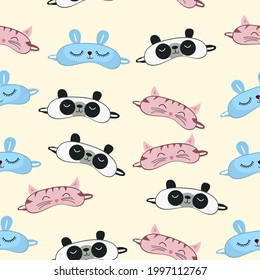 Seamless pattern sleep mask with cute animals face. Eye protection wear accessory. Relaxation blindfold. Cartoon vector illustration.