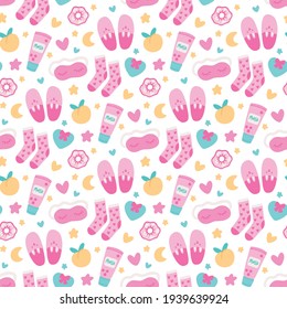 Seamless pattern with sleep mask, slippers, scrunchy, face mask, socks, hearts, peach, stars and moon. Beautiful design for decor, textile, packaging, wrapping paper etc. 