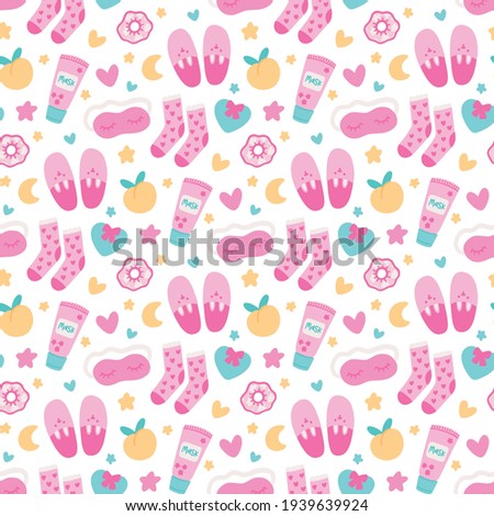 Seamless pattern with sleep mask, slippers, scrunchy, face mask, socks, hearts, peach, stars and moon. Beautiful design for decor, textile, packaging, wrapping paper etc. 