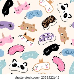 Seamless pattern with Sleep masks. Blindfold classic and animal shaped - unicorn, bear, fox, panda. Vector illustration
