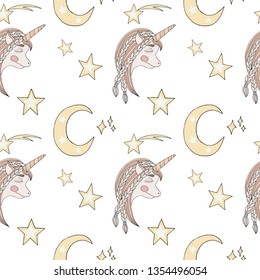 Seamless pattern with sleep Unicorn with long hair with moon and star. Cute cartoon Unicorn.