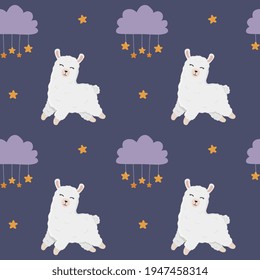 Seamless pattern with sleeping alpaca, clouds and stars in the sky. Background for wrapping paper, textile, posters, nursery decoration. Cute llama