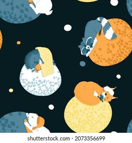 Seamless pattern of sleeping animals on planets in space. Hare, fox, hedgehog, raccoon each rest on their own planet. Design for baby fabric. Flat vector illustration.