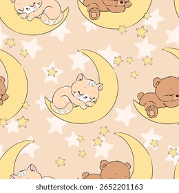  Seamless pattern with sleeping animals on moon. Cute bears and cats on pastel background vector hand drawn