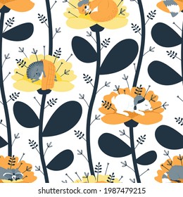 Seamless pattern with sleeping animals. Raccoon on the pillow. Squirrel in a sleep mask. Hare in a nightcap. Hedgehog under the covers. Design for baby products. Flat vector illustration.