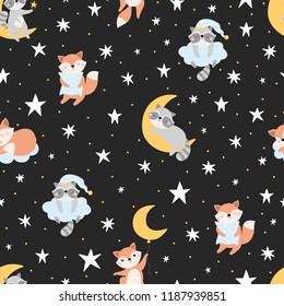 Seamless pattern with sleeping animals and stars on black background.