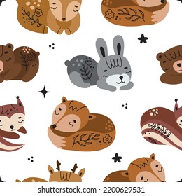 Seamless pattern with sleeping animals and stars on a white background. Vector illustration for your design.