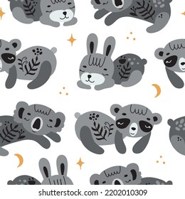 Seamless pattern with sleeping animals and stars on a white background. Vector illustration for your design.