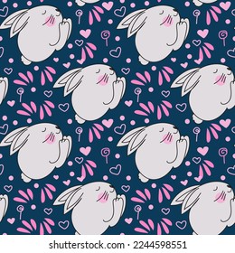 seamless pattern with sleeping baby bunnies on purple background