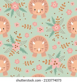 Seamless pattern with sleeping baby dinosaur and flowers on green background. Dusty green digital background with vector hand drawn elements. Seamless pattern for kids fabric and scrapbook paper.