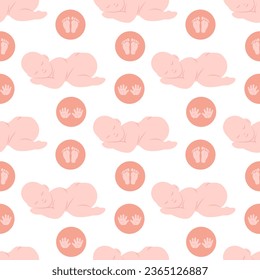 Seamless pattern with a sleeping baby and hand and foot prints in circles. Flat color vector illustration.