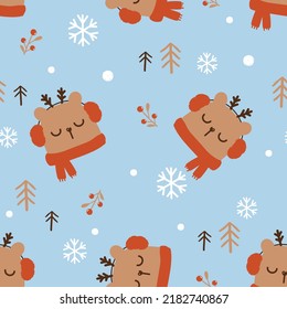 Seamless pattern with sleeping bear cartoons, pine tree, snowflakes, and red berry branch on blue background vector illustration. Merry Christmas print.