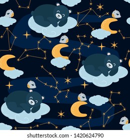 seamless pattern with sleeping bear on a starry sky background - vector illustration, eps