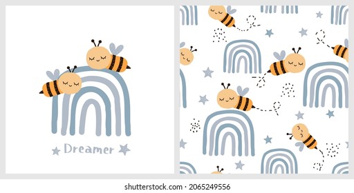 Seamless pattern with sleeping bees, rainbows and stars on white background vector illustration. Cute childish print.