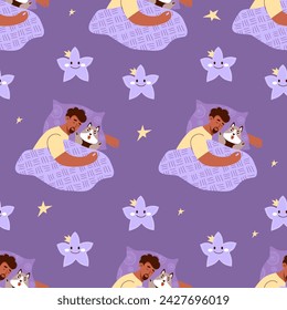 Seamless pattern with sleeping black ethnic man with plush dog toy on purple background with stars. Vector illustration in flat style for design, wallpaper, packaging, textile